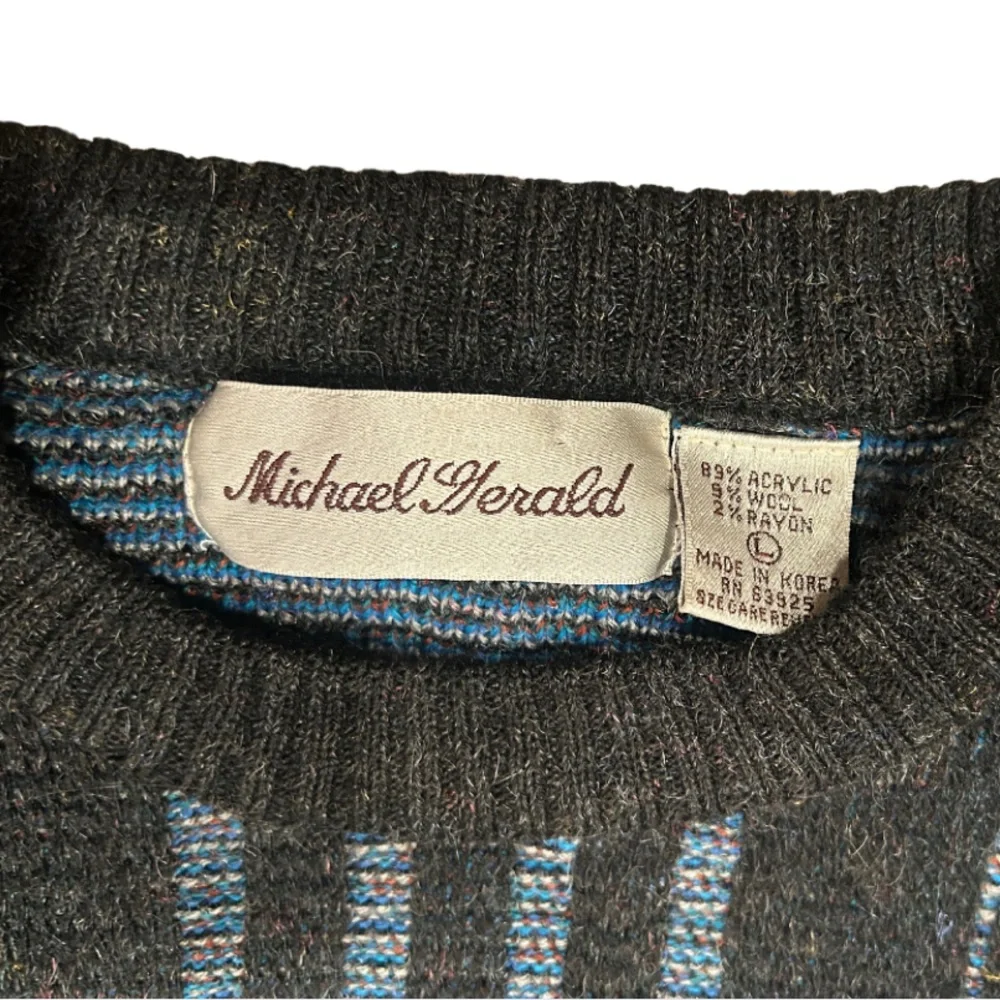 Vintage Michael Gerald Wool Blend Patterned Crew Sweater | Blue/Grey | Size L